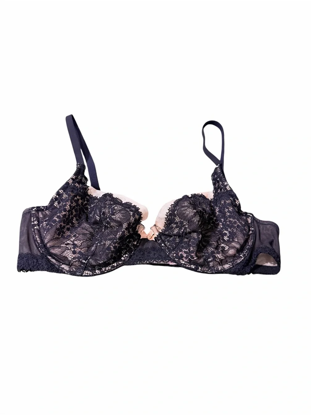 Victoria’s Secret Unlined Demi Bra 32C Black Lace Nude Sheer Underwire